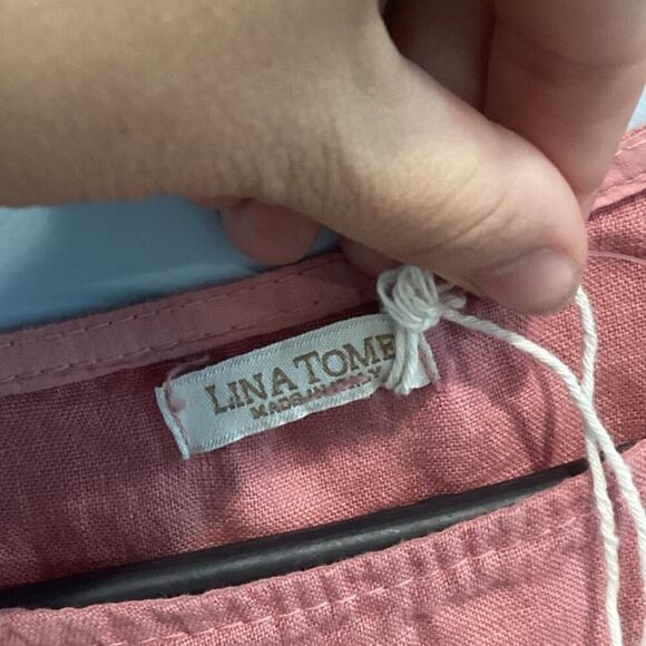 Lina Tomei Womens Linen Shirt Size Medium Dusty Pink Embroidered Lagom Beachy - Picture 2 of 10